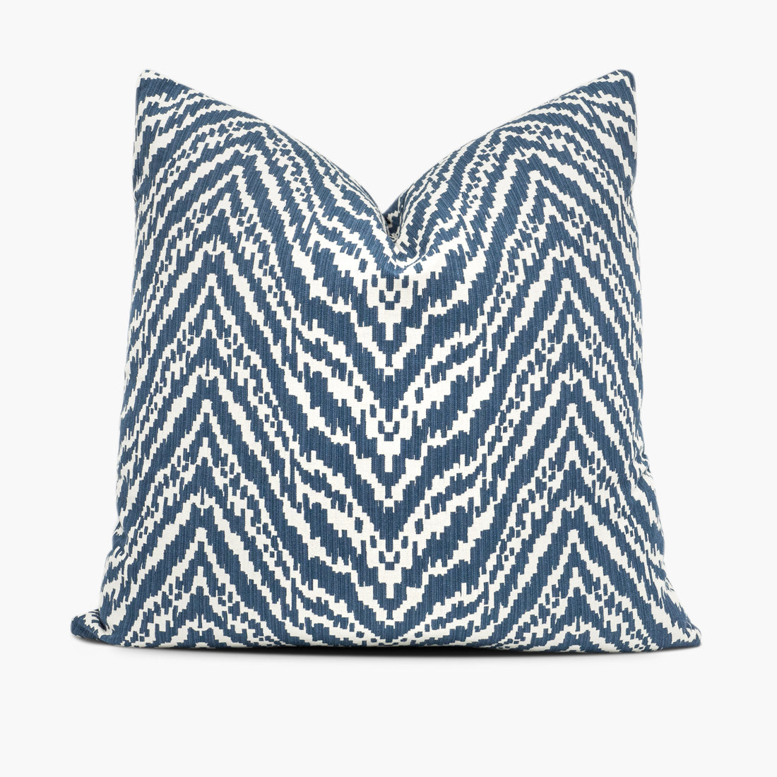 Blue and white chevron throw pillow featuring Madcap Cottage Lady Mendl fabric