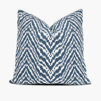 Blue and white chevron throw pillow featuring Madcap Cottage Lady Mendl fabric