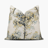 Golden throw pillow cushion featuring a watercolor tree motif