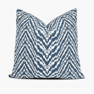 Blue and white chevron throw pillow featuring Madcap Cottage Lady Mendl fabric