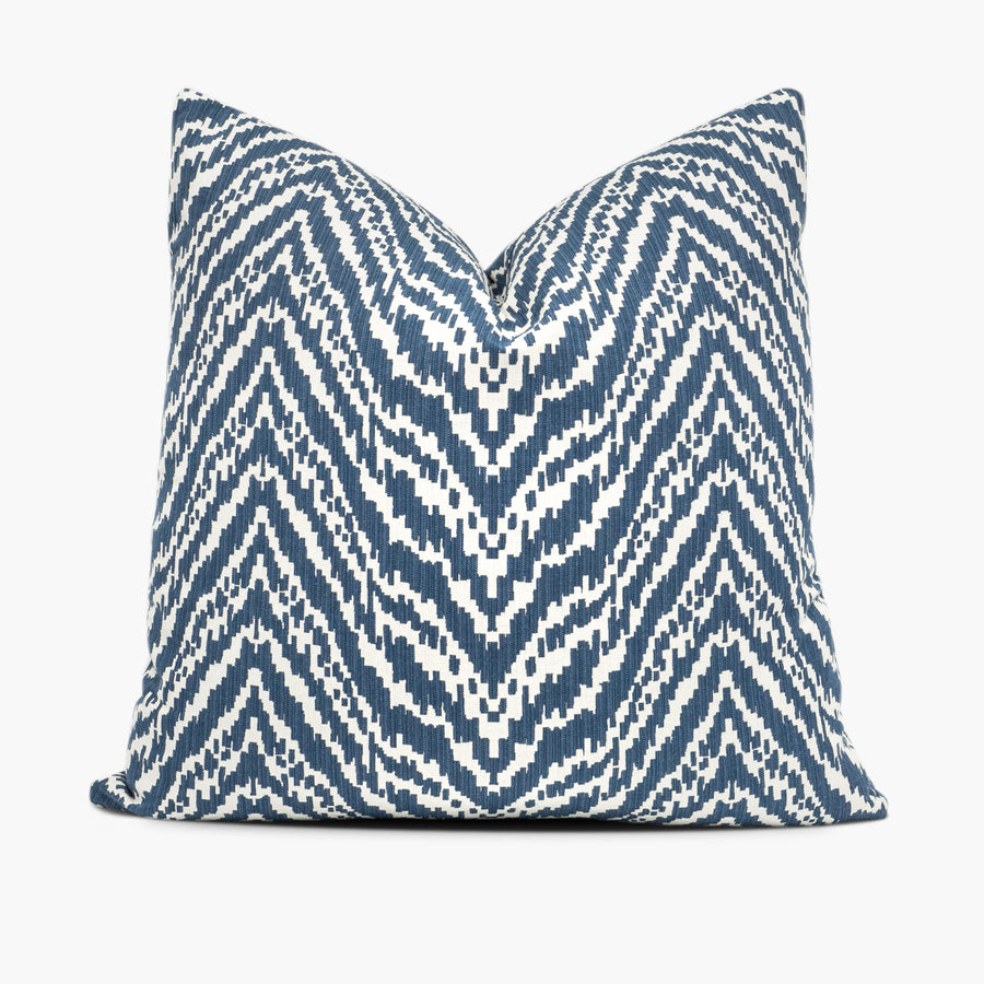 Blue and white chevron throw pillow featuring Madcap Cottage Lady Mendl fabric
