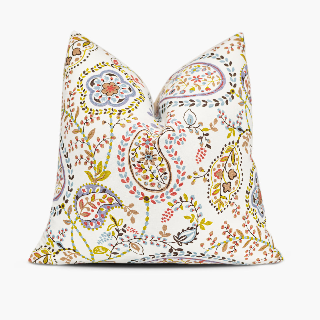 Paisley throw pillow in colorful shades of blue, purple, red, and green