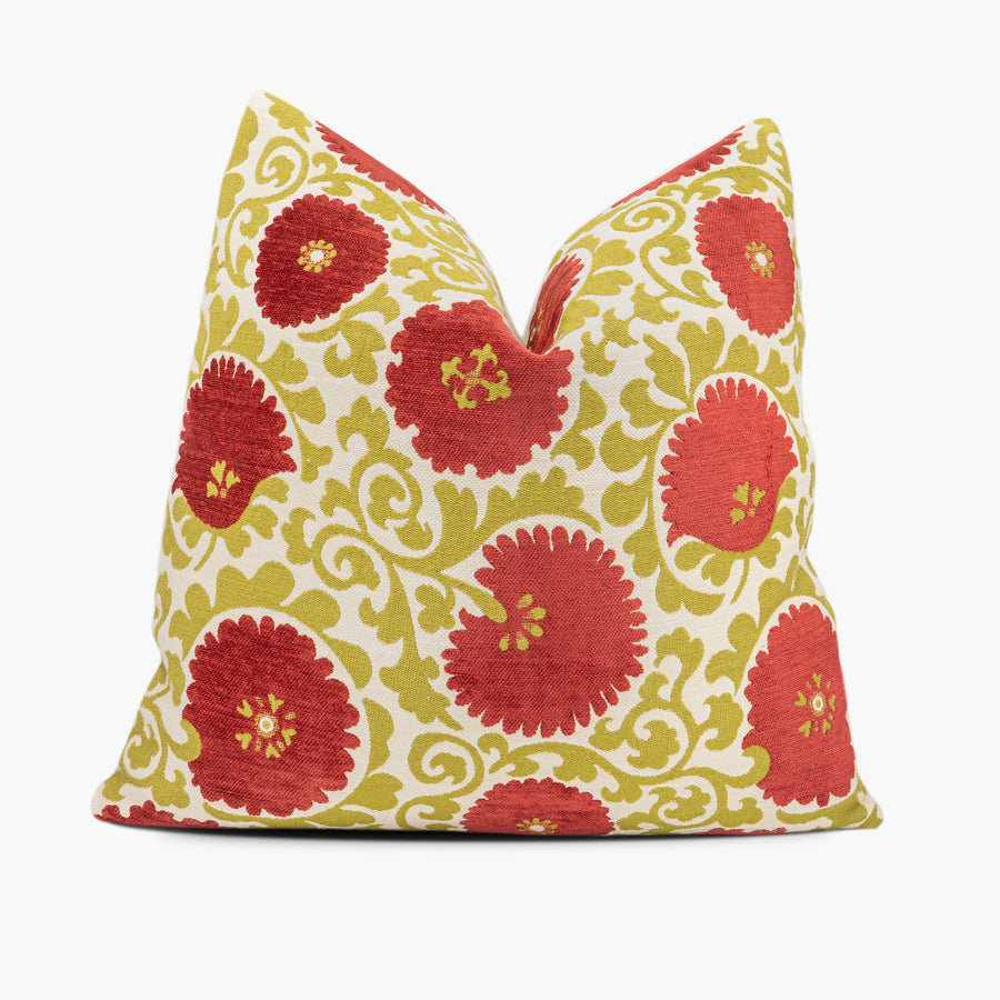 Suzani floral throw pillow cushion in coral red and green