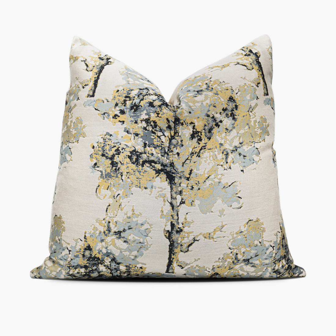 Golden throw pillow cushion featuring a watercolor tree motif