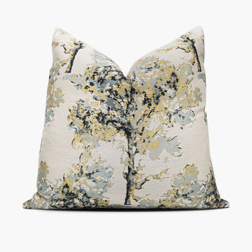 Golden throw pillow cushion featuring a watercolor tree motif