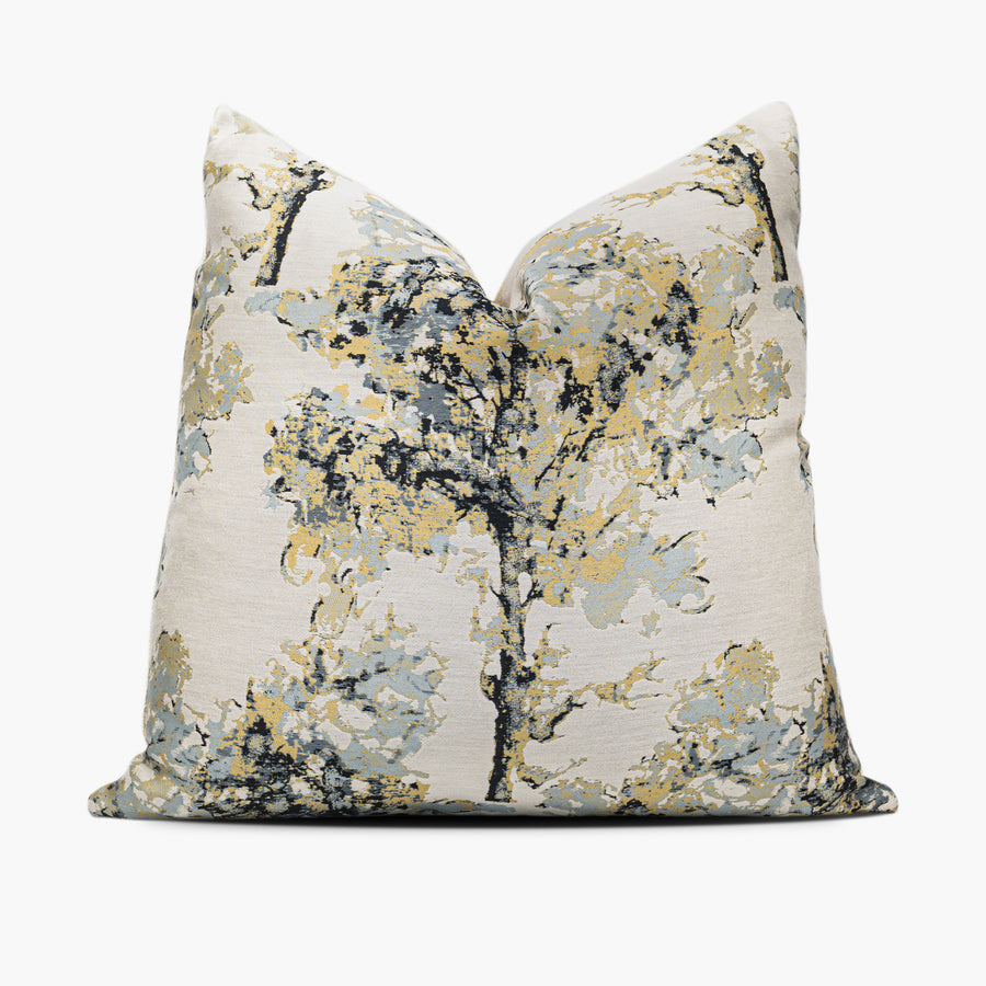 Golden throw pillow cushion featuring a watercolor tree motif